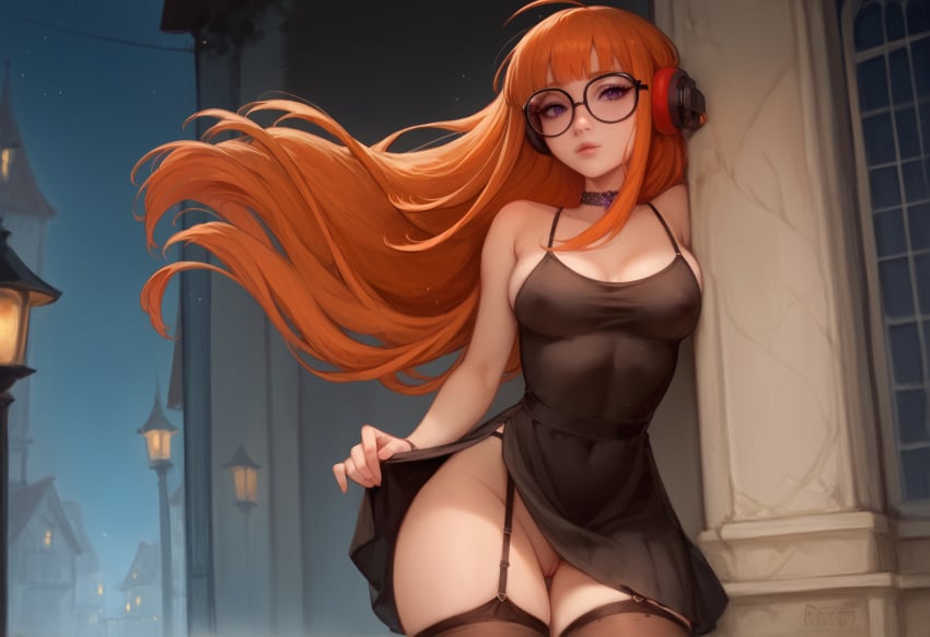 1girls ai_generated anaslex black_dress choker dress dress_lift fringe garter_straps ginger ginger_hair glasses headphones hi_res long_hair medium_breasts nipples nipples_visible_through_clothing pale-skinned_female pale_skin persona persona_5 pose posing posing_for_the_viewer purple_eyes sakura_futaba skindentation solo stockings thick_thighs thighs