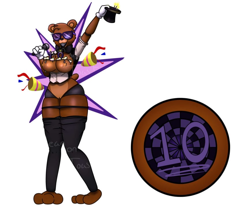 2024 2d 2d_(artwork) 2d_artwork anthro areola areolae beanontoast bear_ears bear_girl blue_eyes breasts brown_fur brown_hair five_nights_at_freddy&#039;s freddy_(fnaf) fredina_(cally3d) frenni_fazclaire nipples sexy_clothing stockings sunglasses tophat white_gloves