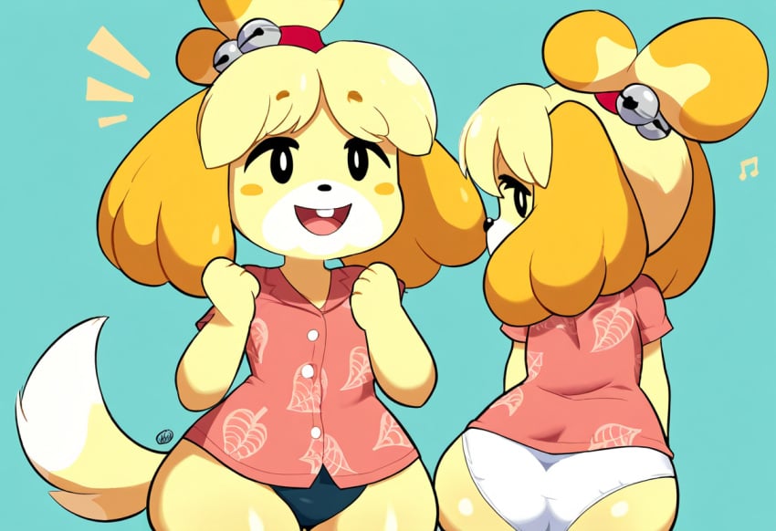 absurd_res ai_generated aloha_shirt animal_crossing anthro ass black_clothing blonde_hair blue_background blush blush_stickers bottomwear canid canine canis clothed clothing digital_media_(artwork) dipstick_tail domestic_dog female fur hair hellsonger hi_res isabelle_(animal_crossing) looking_at_viewer looking_back mammal nintendo open_mouth open_smile panties pattern_clothing pattern_shirt pattern_topwear pink_clothing pink_shirt pink_topwear print_clothing rear_view red_topwear shih_tzu shirt simple_background smile solo standing teeth topwear toy_dog underwear white_clothing white_panties white_underwear yellow_body yellow_fur