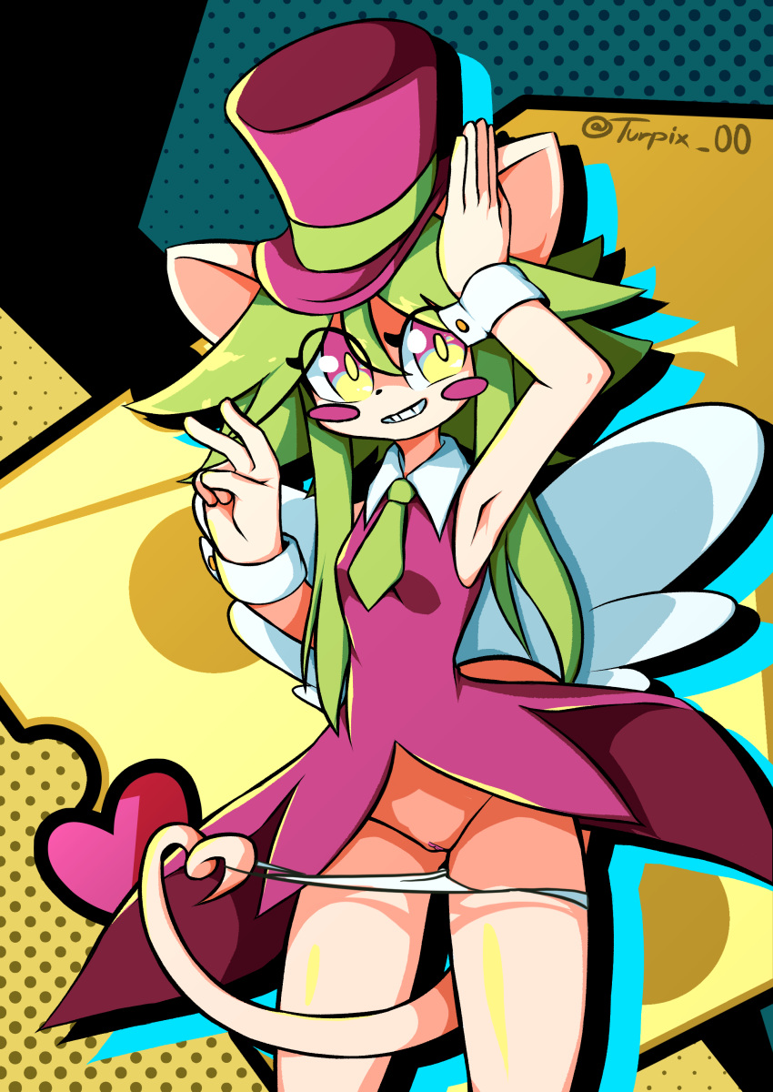 absurd_res animal_humanoid anthro blush blush_stickers breasts clothing clothing_pull cuff_links female genitals green_hair hair hat headgear headwear heart_symbol heart_tail hi_res humanoid long_hair mad_rat_dead mammal mammal_humanoid mouse_humanoid murid murid_humanoid murine murine_humanoid necktie nippon_ichi_software panties panty_pull pussy rat rat_ears rat_god_(mad_rat_dead) rat_tail rodent rodent_humanoid smile solo tail third-party_edit top_hat turpix underwear underwear_pull wings