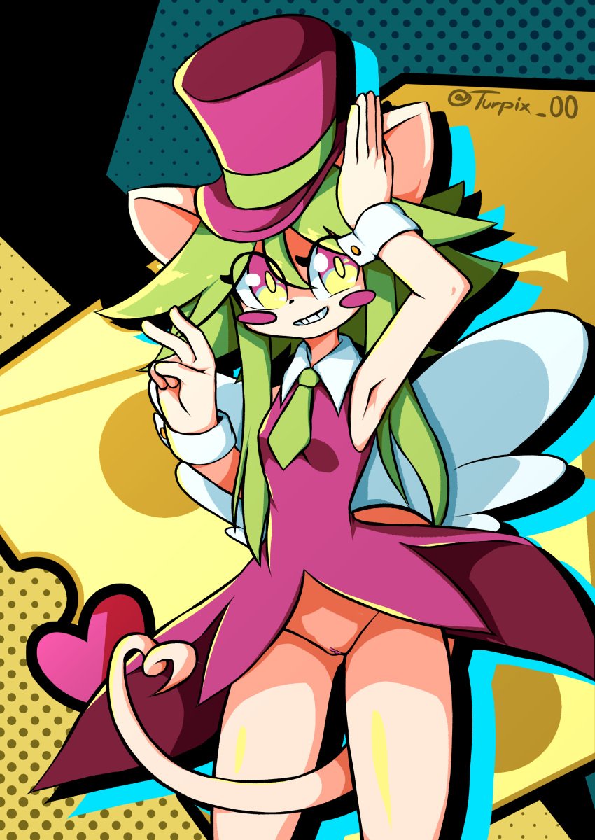 absurd_res animal_humanoid anthro blush blush_stickers breasts clothing cuff_links female genitals green_hair hair hat headgear headwear heart_symbol heart_tail hi_res humanoid long_hair mad_rat_dead mammal mammal_humanoid mouse_humanoid murid murid_humanoid murine murine_humanoid necktie nippon_ichi_software pussy rat rat_ears rat_god_(mad_rat_dead) rat_tail rodent rodent_humanoid smile solo tail third-party_edit top_hat turpix wings