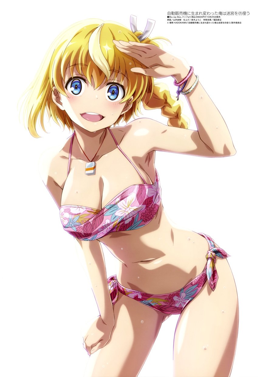 :d absurdres bikini blonde_hair blue_eyes blush bracelet braid breasts cleavage collarbone female floral_print hair_ornament hair_ribbon halterneck highres jewelry jidouhanbaiki_ni_umarekawatta_ore_wa_meikyuu_wo_samayou lammis_(jihanki) large_breasts leaning_forward long_hair looking_at_viewer magazine_scan medium_breasts megami_magazine navel necklace official_art one_side_up open_mouth pink_bikini print_bikini ribbon scan short_hair side-tie_bikini_bottom simple_background single_braid smile solo swimsuit teeth thighs wet white_background