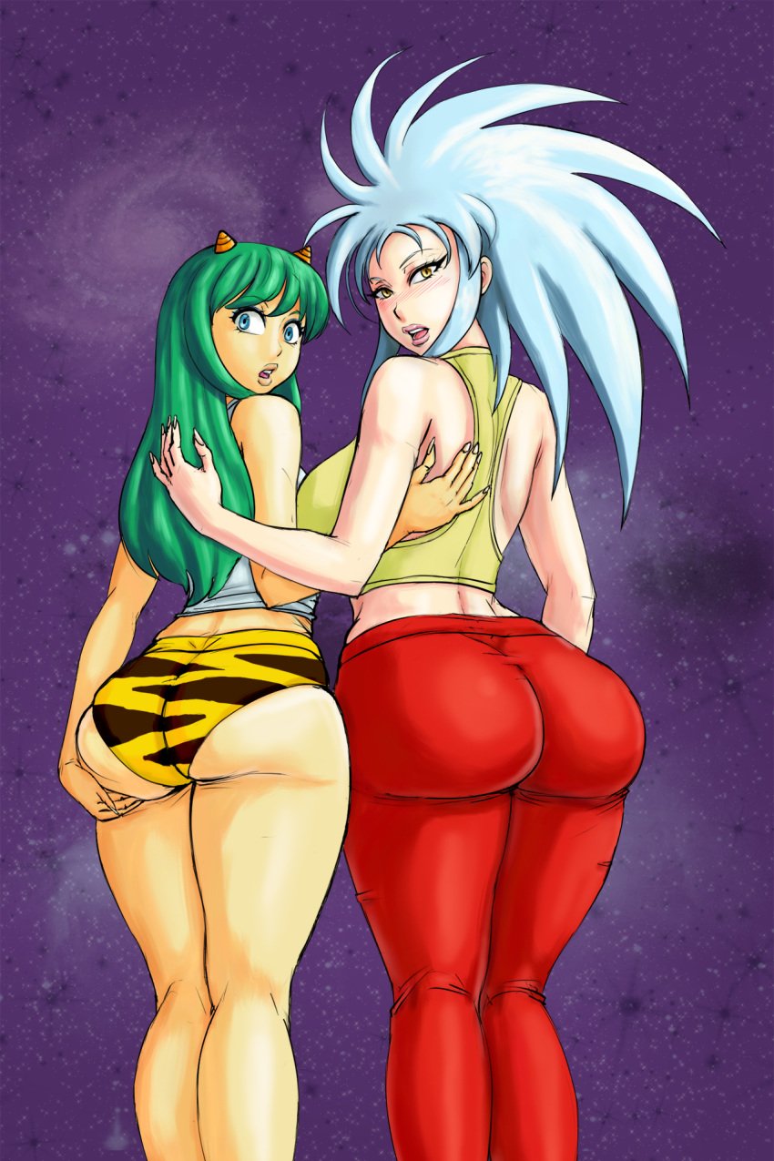 2015 2girls ass ass_grab big_ass bikini blue_eyes blush breasts bubble_butt clothes color colored crossover curvaceous dat_ass duo female female_only green_hair horns humanoid large_ass large_breasts legoman long_hair looking_at_viewer looking_back lum oni pale-skinned_female pale_skin panties pants pointy_ears presenting princess ryoko_hakubi shirt skin_tight soubriquetrouge space standing take_your_pick tank_top tenchi_muyo! thick_thighs tiger_print tight_clothes underwear urusei_yatsura white_hair wide_hips yellow_eyes