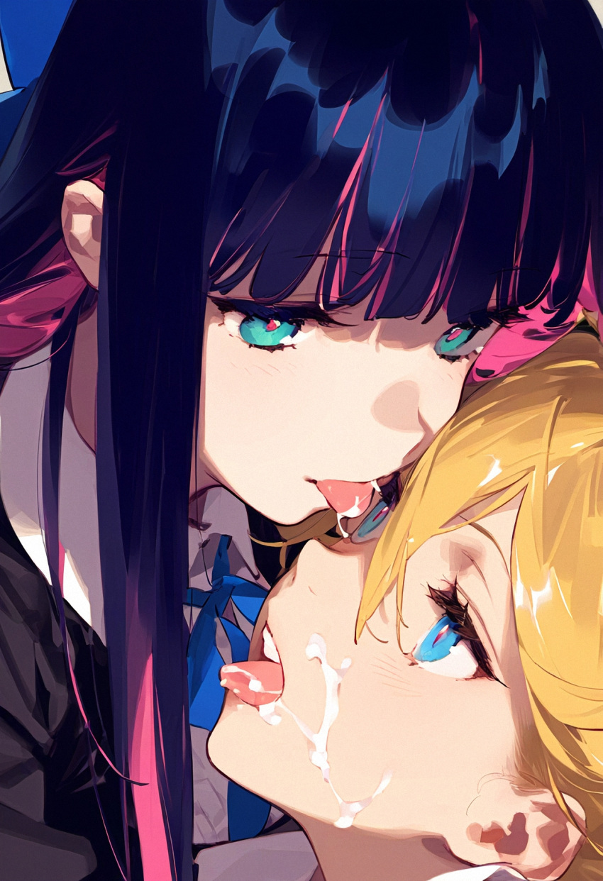 2girls ai_generated cum cum_swap junichoon licking_cum panty_&amp;_stocking_with_garterbelt panty_anarchy stocking_anarchy tongue_out yuri