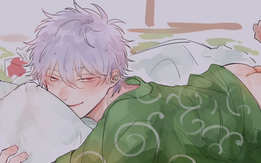 ass bishonen blush butt_crack gintama gintoki_sakata haori looking_at_viewer male male_only masculine on_bed on_stomach onorokehan pillow_hug red_eyes smile solo tissue_box twink white_hair