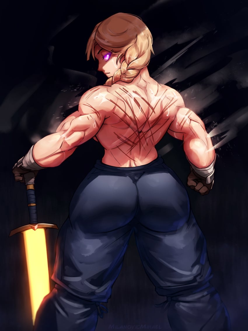 1girls ass black_pants blonde_hair braided_ponytail broad_shoulders brown_gloves female female_only from_behind gloves glowing_eyes glowing_sword glowing_weapon hand_on_hilt looking_at_viewer looking_back milanovicmihael muscular_arms muscular_back muscular_female original pants purple_eyes scar scars scars_on_back solo standing