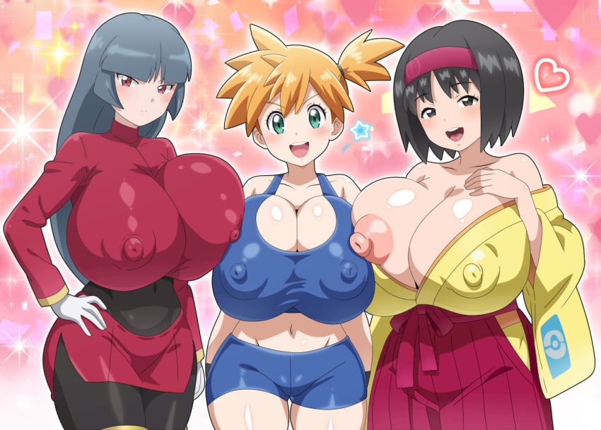 2girls 3girls :d alternative_bust_size aqua_eyes areolae asymmetrical_hair bangs bare_shoulders black_eyes black_hair blonde_hair blunt_bangs blush bodysuit breast_press breast_suppress breasts busty clavicle cleavage closed_mouth clothing covered_navel cowboy_shot crop_top curvaceous curvy_female erect_nipples erika_(pokemon) female female_only gloves green_eyes gym_leader hairband hand_on_hip headwear heart heart_background hitokiwa_kenchin huge_breasts kasumi_(pokemon) kimono large_breasts light-skinned_female long_hair long_sleeves looking_at_viewer midriff multiple_girls navel nipples open-mouth_smile open_mouth orange_hair pantyhose pokemon pokemon_(anime) pokemon_(classic_anime) pokemon_(game) pokemon_character pokemon_firered_&_leafgreen pokemon_let's_go!_pikachu_and_eevee pokemon_red_green_blue_&_yellow ponytail protagonist_(pokemon) red_eyes red_hairband robe sabrina_(pokemon) shiny shiny_hair shiny_skin shirt short_hair shorts side_ponytail skirt smile sparkle standing tank_top teeth thick_thighs thighs tied_hair traditional_clothes upper_teeth upper_teeth_only wafuku white_gloves wide_hips