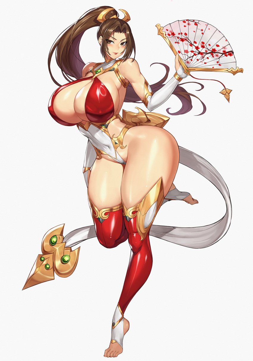 brown_hair fan fatal_fury female gurimjang highres huge_breasts king_of_fighters long_hair ponytail shiranui_mai snk thick_thighs