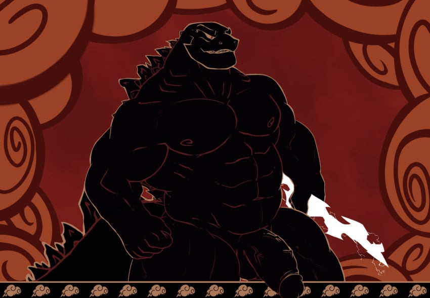 1boy bíceps cywolf49 erection godzilla godzilla_(series) hercules_(disney) kaiju male male_focus male_only musclegut muscles muscular muscular_male nipples penis penis_out red_background solo veiny_penis zeuszilla