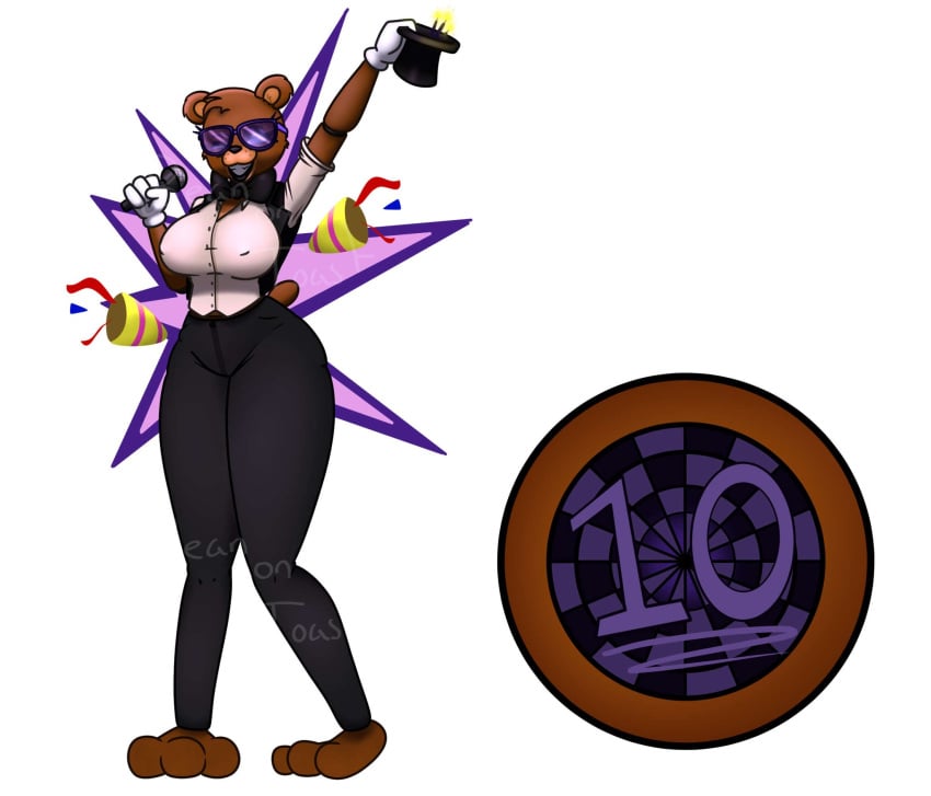 2024 2d 2d_(artwork) 2d_artwork anthro areola areolae beanontoast bear_ears bear_girl black_pants blue_eyes breasts brown_fur brown_hair five_nights_at_freddy&#039;s freddy_(fnaf) fredina_(cally3d) frenni_fazclaire nipples nipples_visible_through_clothing sexy_clothing sunglasses tophat white_gloves