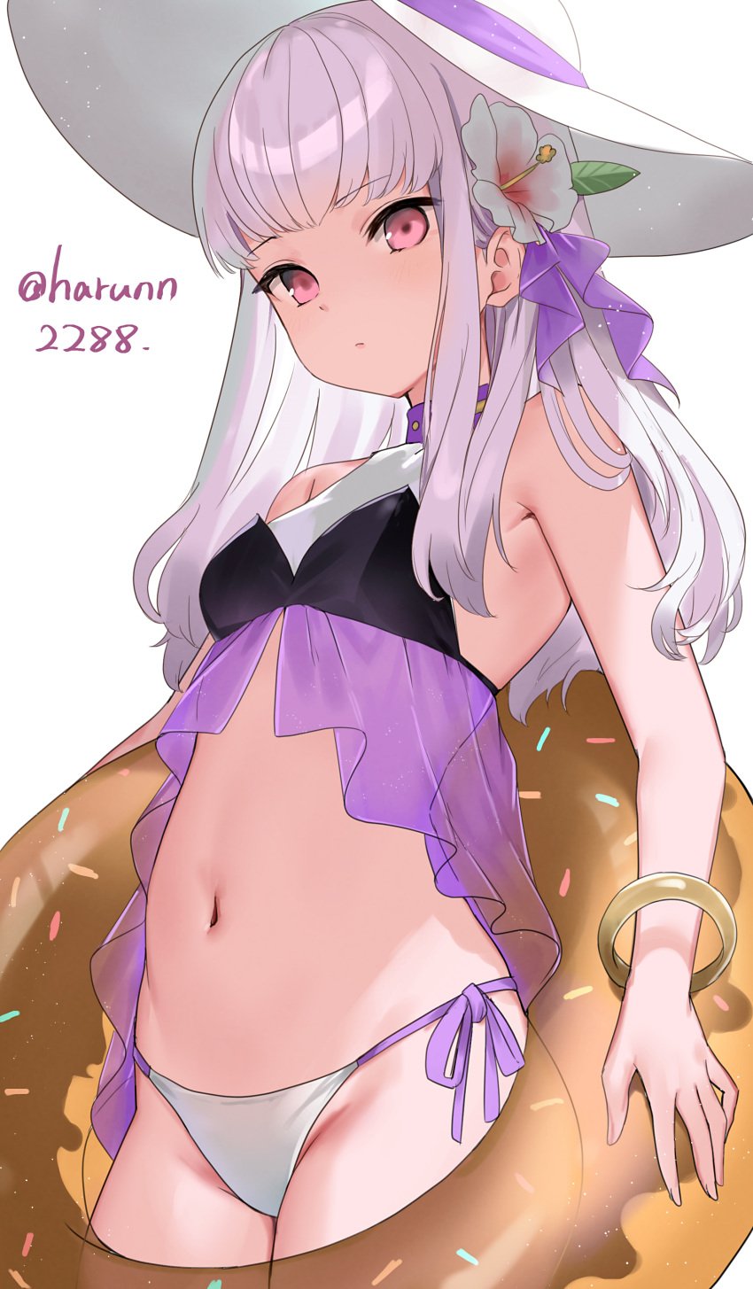 1girls absurdres alternate_costume bikini breasts closed_mouth doughnut_innertube female female female_only fire_emblem fire_emblem:_three_houses haru_(nakajou-28) hat highres long_hair lysithea_von_ordelia navel nintendo pink_eyes simple_background small_breasts solo sun_hat swimsuit white_hair