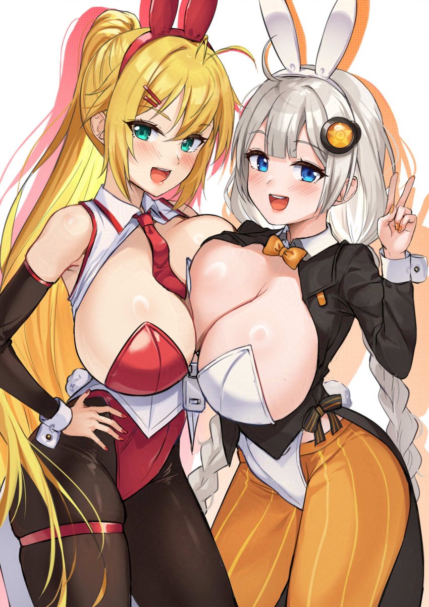 2girls blonde_hair breasts_squeezed_together bunny_ears bunny_girl bunny_tail bunnysuit huge_breasts kizuna_akari long_hair looking_at_viewer thick_thighs tsurumaki_maki twintails vocaloid white_hair