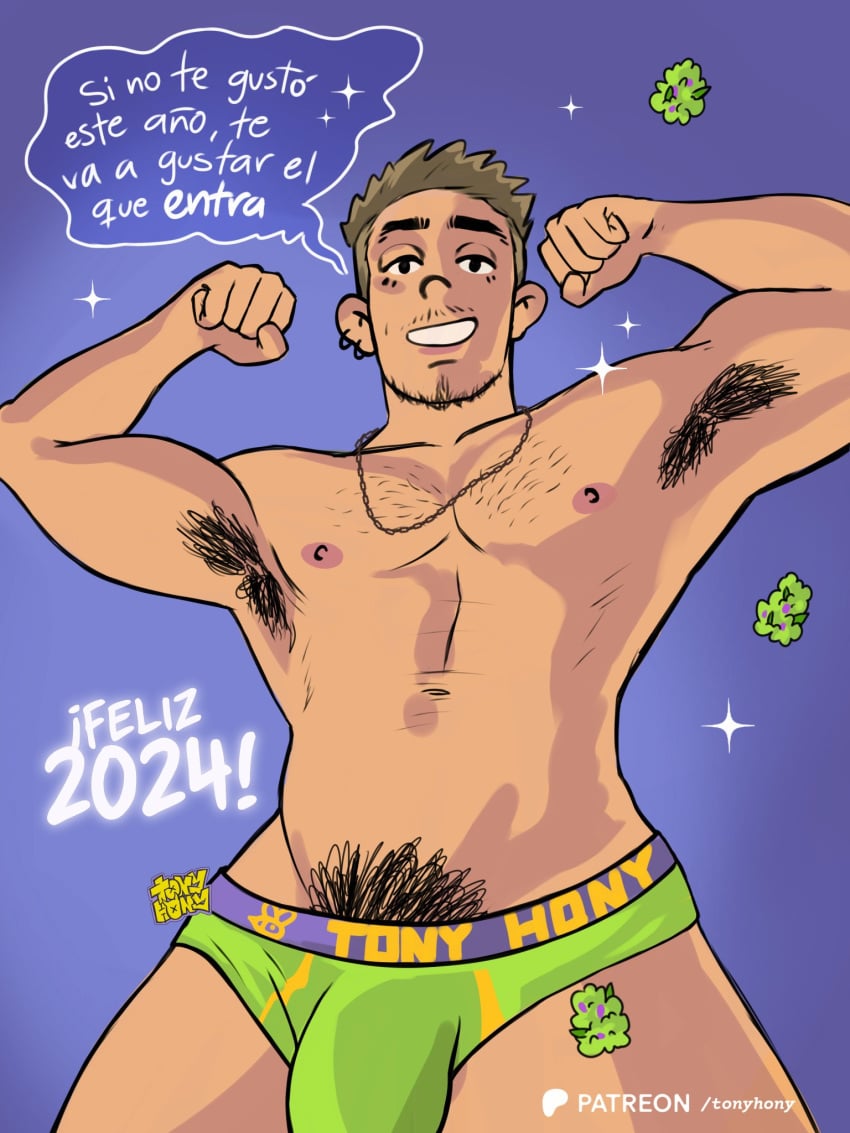 1boy abs armpit_hair bara beard biceps big_bulge bulge flexing_bicep male male_nipples male_only male_pubic_hair muscular_male nipples pecs spanish_text text tonyhony underwear