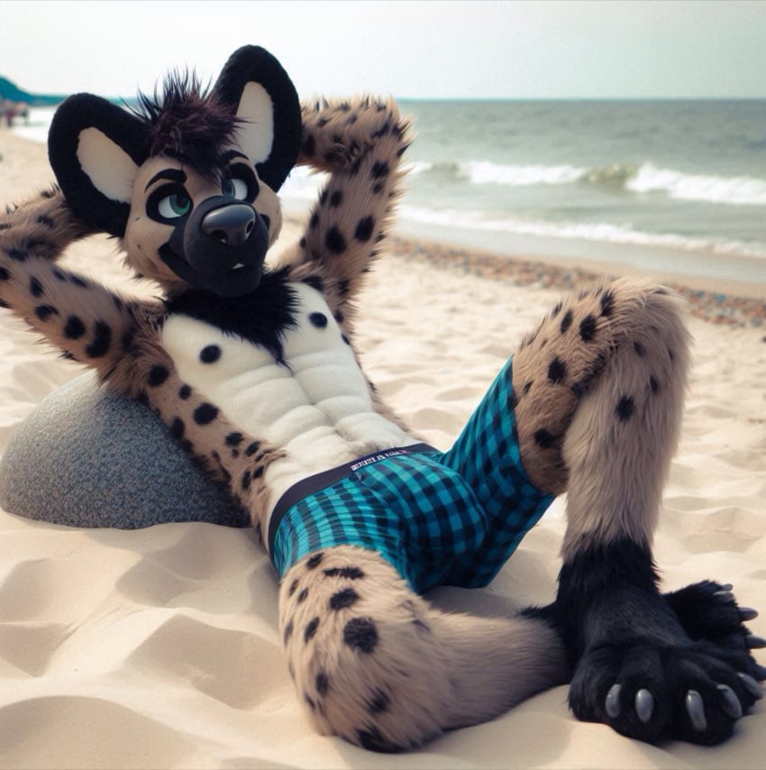 ai_generated arms_behind_head beach bing_image_creator boxers_(clothing) bulge fetish furry furry_only fursuit hyena hyper_bulge inviting laying_down male male_only realistic sfw shorts