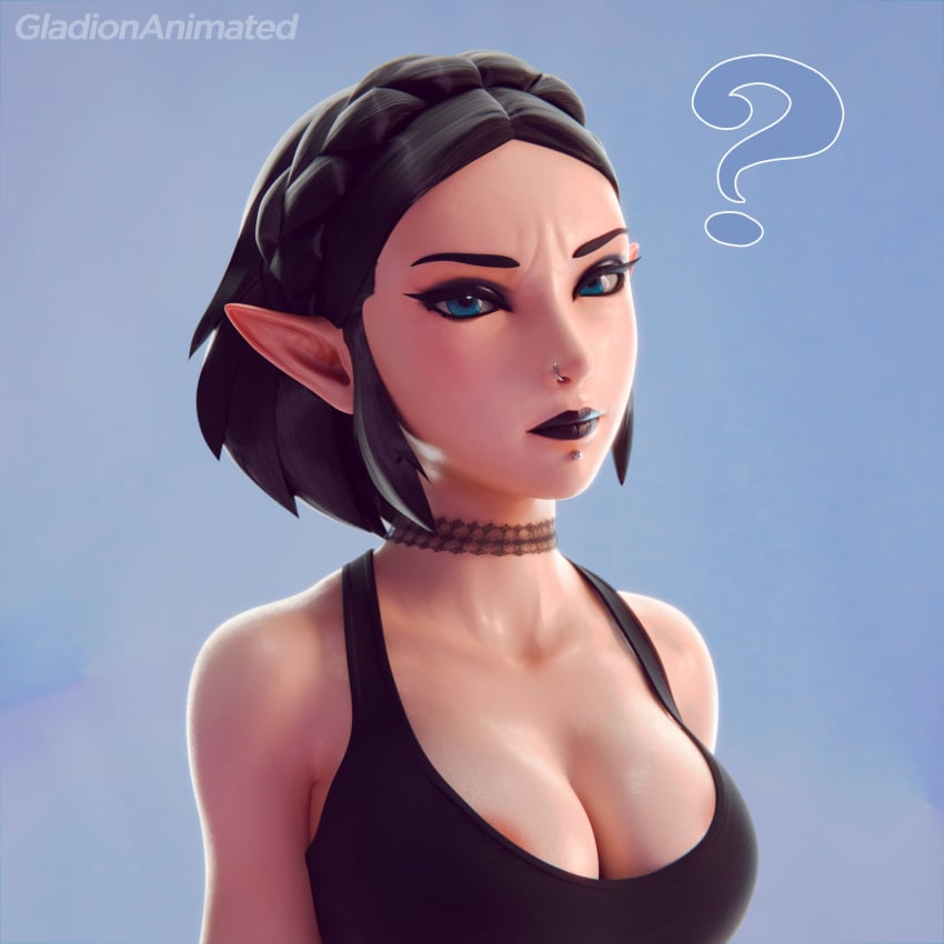 3d annoyed black_hair black_lipstick blacked blacked_clothing blue_eyes bust choker elf elf_ears elf_female eyeliner gladionanimated goth goth_girl nose_piercing piercing princess_zelda short_hair tears_of_the_kingdom the_legend_of_zelda zelda_(tears_of_the_kingdom)