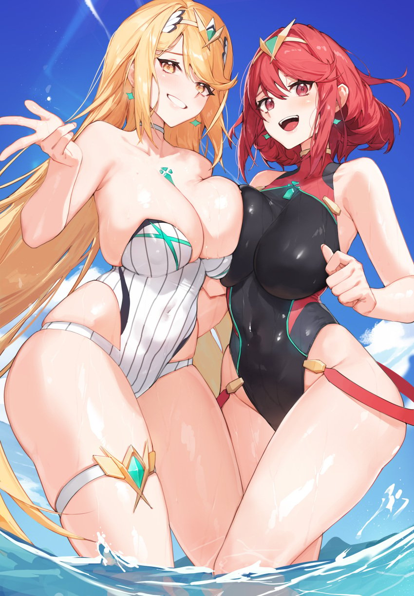 2girls absurdres bare_shoulders black_one-piece_swimsuit blonde_hair blue_sky blush breast_press breasts chest_jewel cloud core_crystal core_crystal_(xenoblade) covered_navel day drop_earrings earrings gem grin headpiece highres jewelry large_breasts long_hair looking_at_viewer multiple_girls mythra mythra_(xenoblade) one-piece_swimsuit open_mouth outdoors partially_submerged pyra pyra_(xenoblade) red_eyes red_hair ribbed_swimsuit short_hair sky smile standing strapless strapless_one-piece_swimsuit striped_clothes striped_one-piece_swimsuit swept_bangs swimsuit symmetrical_docking teeth thigh_strap tiara tunamayo_(dsasd751) vertical-striped_clothes vertical-striped_one-piece_swimsuit wading water wet xenoblade_(series) xenoblade_chronicles_(series) xenoblade_chronicles_2 yellow_eyes