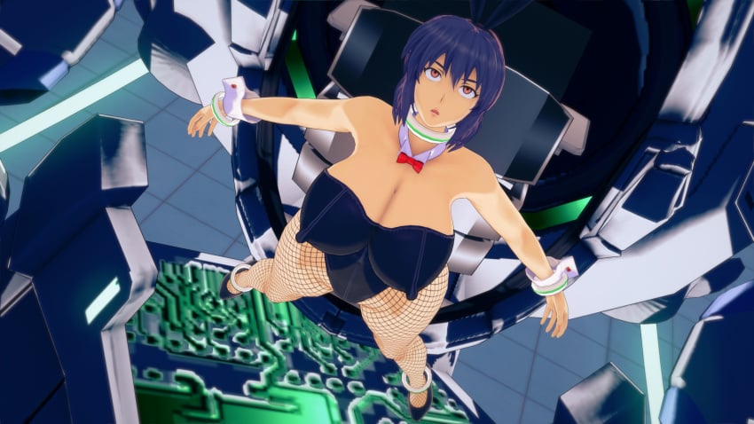 3d breasts cleavage fainted fainting female ghost_in_the_shell huge_breasts koikatsu kusanagi_motoko medium_breasts peppaabokkusu purple_hair restrained solo stationary_restraints unconscious