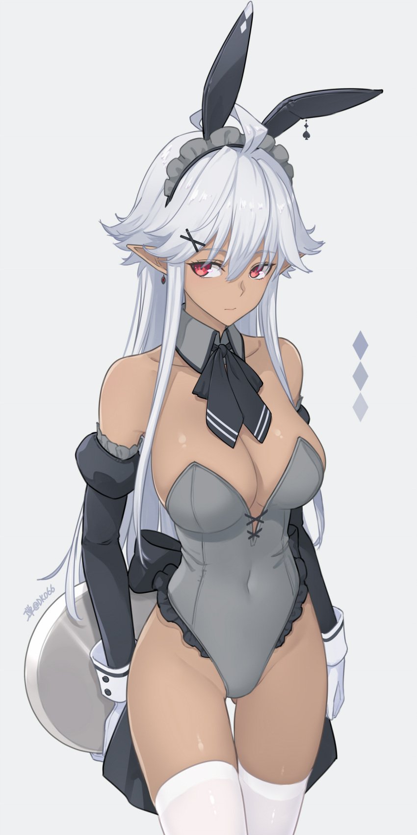 absurdres animal_ears breasts commentary_request dan_(kumadan) dark-skinned_female dark_elf dark_skin elf fake_animal_ears female gloves gluteal_fold grey_background grey_hair grey_leotard highres leotard long_hair looking_to_the_side maid_headdress medium_breasts playboy_bunny pointy_ears rabbit_ears reanette_elfelt red_eyes shinmai_ossan_bokensha shinmai_ossan_boukensha,_saikyou_party_ni_shinu_hodo_kitaerarete_muteki_ni_naru. simple_background solo tan thighhighs thighs white_gloves white_thighhighs