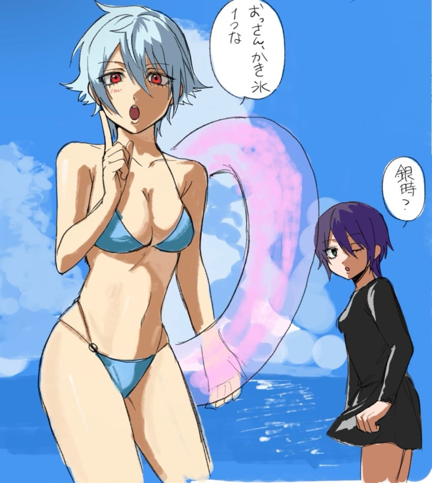 2girls 4694tyu_okashi beach bikini blue_bikini canon_genderswap cleavage colored_sketch female_only genderswap_(mtf) ginko_sakata gintama gintoki_sakata innertube light_blue_hair looking_at_viewer looking_back purple_hair red_eyes rule_63 short_hair swimsuit takasugi_shinsuke very_short_hair white_hair