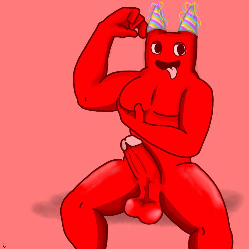 banban_(garten_of_banban) big_balls big_thighs dick garten_of_banban muscles non-human party_hat red_body tongue_out toony