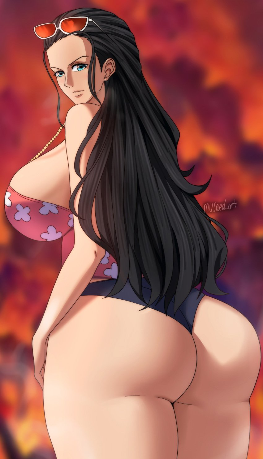 1girls absurd_res artist_name ass bare_shoulders big_ass big_breasts black_hair blue_eyes blurry_background breasts clothing curvy eyelashes eyewear female female_focus female_only glasses hips huge_ass huge_breasts human large_ass large_breasts lips long_hair looking_at_viewer looking_back musaed_art nico_robin one_piece reverse_cowgirl_position short_shorts shorts sideboob skimpy sleeveless smile solo solo_female sunglasses sunglasses_on_head tank_top thick_thighs thighs voluptuous watermark wide_hips