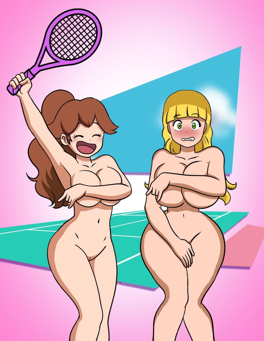 breasts covering danica_(monica_and_veronica) embarrassed embarrassed_nude_female enf floonasif monica_(monica_and_veronica) monica_and_veronica nude pussy tagme tennis