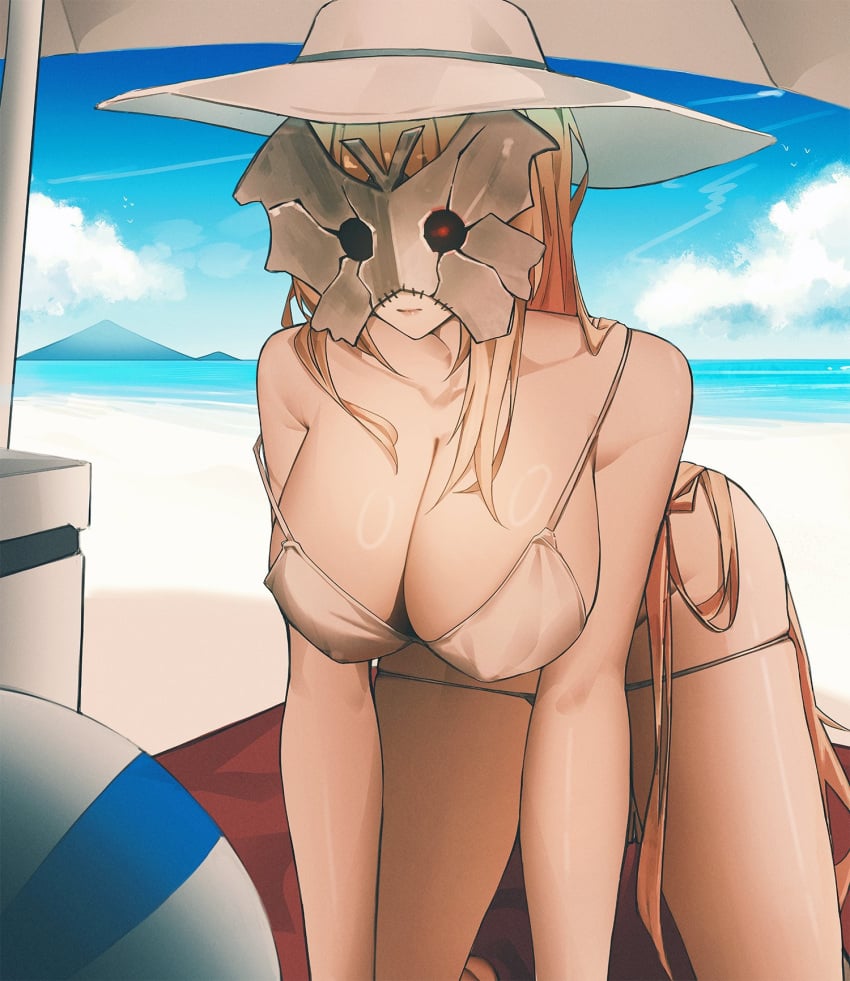 1girls all_fours beach blonde_hair breasts dulcinea_(limbus_company) female female_focus female_only hat large_breasts limbus_company long_hair loose_clothes mask masked masked_female nipples nipples_visible_through_clothing outdoors outside project_moon swimsuit thighs two_strongtiger