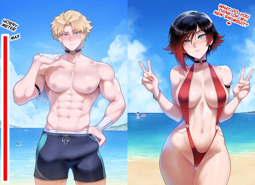 1boy 1girls abs ai_generated bare_arms bare_legs bare_shoulders bare_thighs beach big_breasts big_penis black_hair bulge cheating color female grey_eyes hi_res jaune_arc large_breasts light-skinned_female light_skin looking_at_viewer male male/female meepking muscles muscular muscular_male one-piece_swimsuit penis ruby_rose rwby sand short_hair swimwear tagme thick_thighs