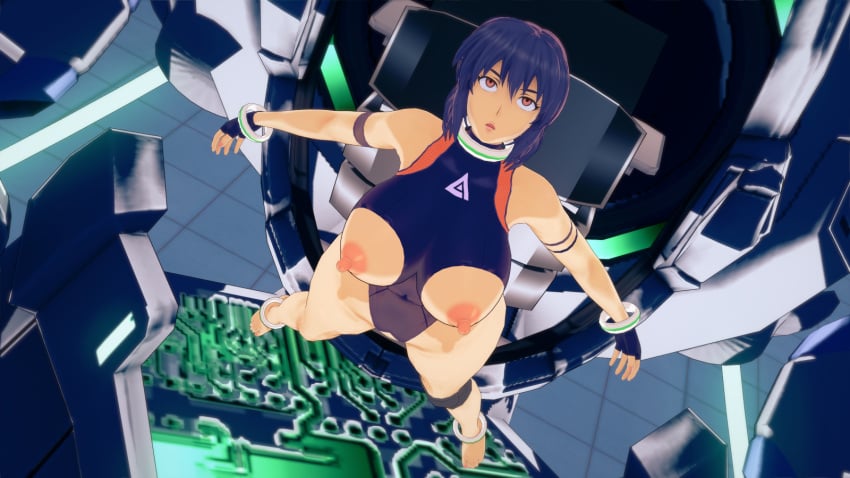 3d cleavage fainted fainting ghost_in_the_shell huge_breasts koikatsu_(medium) kusanagi_motoko medium_breasts nipples peppaabokkusu purple_hair restrained solo stationary_restraints unconscious