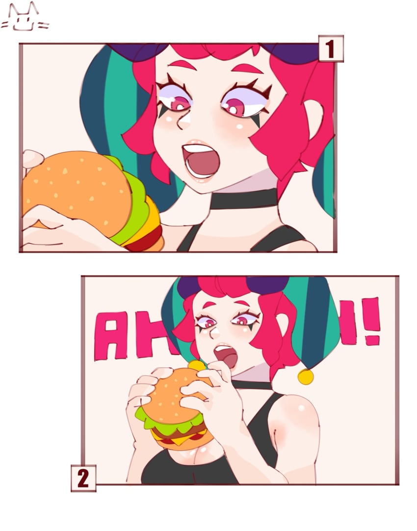 1girls big_breasts black_topwear boob_window brawl_stars breasts chester_(brawl_stars) eating eating_burger eating_food female female_focus female_only hat holding_burger izutsumihr light-skinned_female light_skin noboko_k open_mouth red_eyes red_hair rule_63 solo solo_female solo_focus topwear