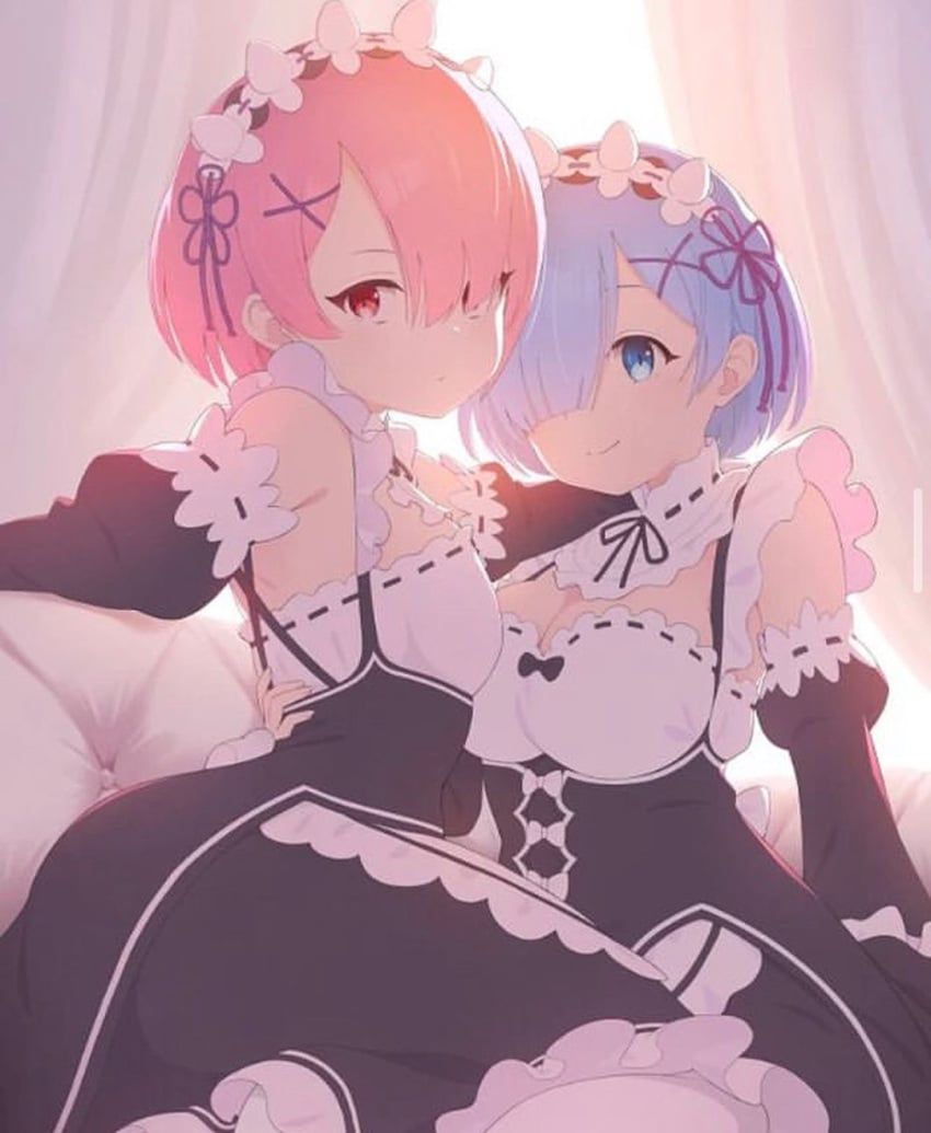 blue_eyes blue_hair female maid maid_uniform pink_eyes pink_hair ram_(re:zero) re:zero_kara_hajimeru_isekai_seikatsu rem_(re:zero) twins