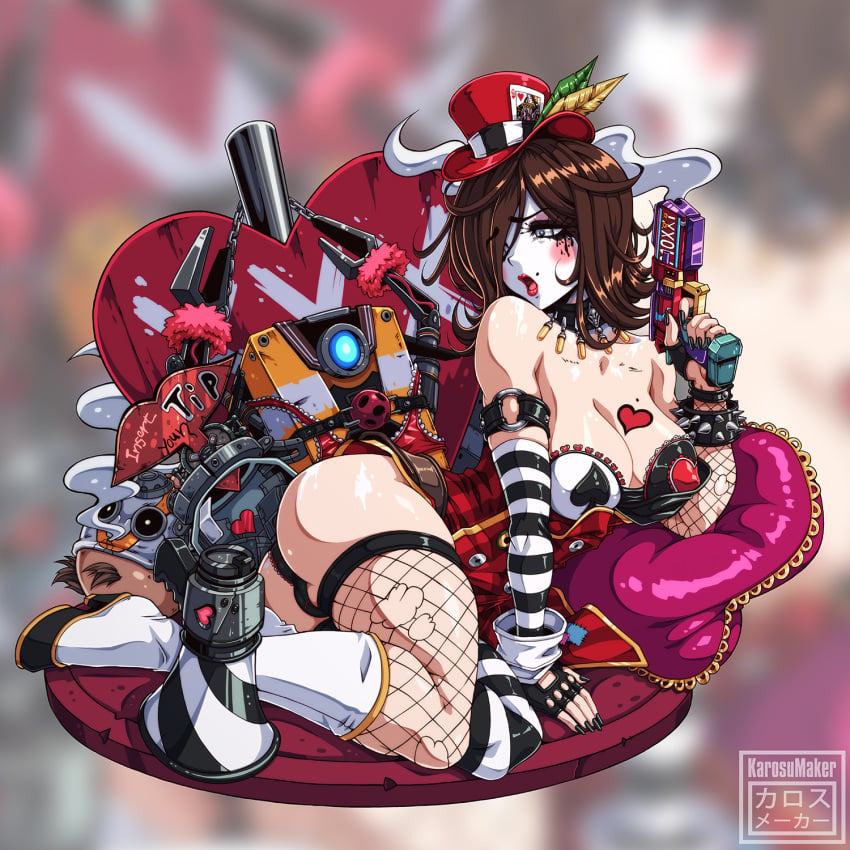 1boy 1girls 1other artist_name ass big_breasts blurry_background bondage boots borderlands breasts claptrap cleavage commission facepaint fishnets gun hat heart hi_res karosu-maker leotard lying mad_moxxi megaphone nipple_bulge on_side paid_reward_available pistol robot tattoo top_hat valentine's_day weapon