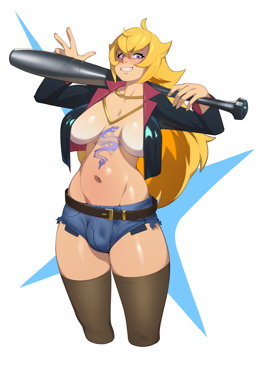 1futa absurd_res belt blonde_hair breasts breasts_apart bulge combos-n-doodles commission futa_only futanari jacket jean_shorts long_hair looking_at_viewer no_bra open_jacket purple_eyes rwby shorts shorts_bulge sideboob smiling smiling_at_viewer solo teeth_showing thighhighs yang_xiao_long