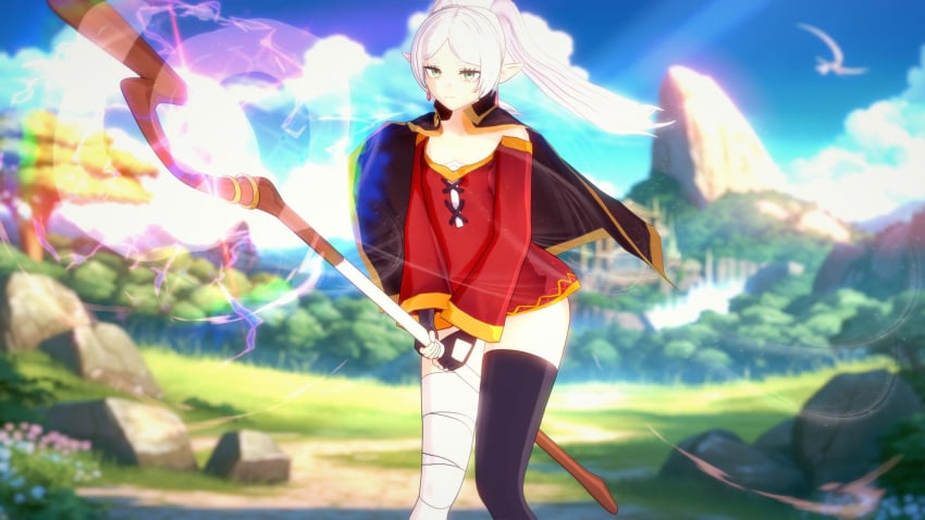 3d cosplay female female_focus frieren kono_subarashii_sekai_ni_shukufuku_wo! long_hair megumin megumin_(cosplay) mw9 nature red_skirt skirt solo sousou_no_frieren white_hair