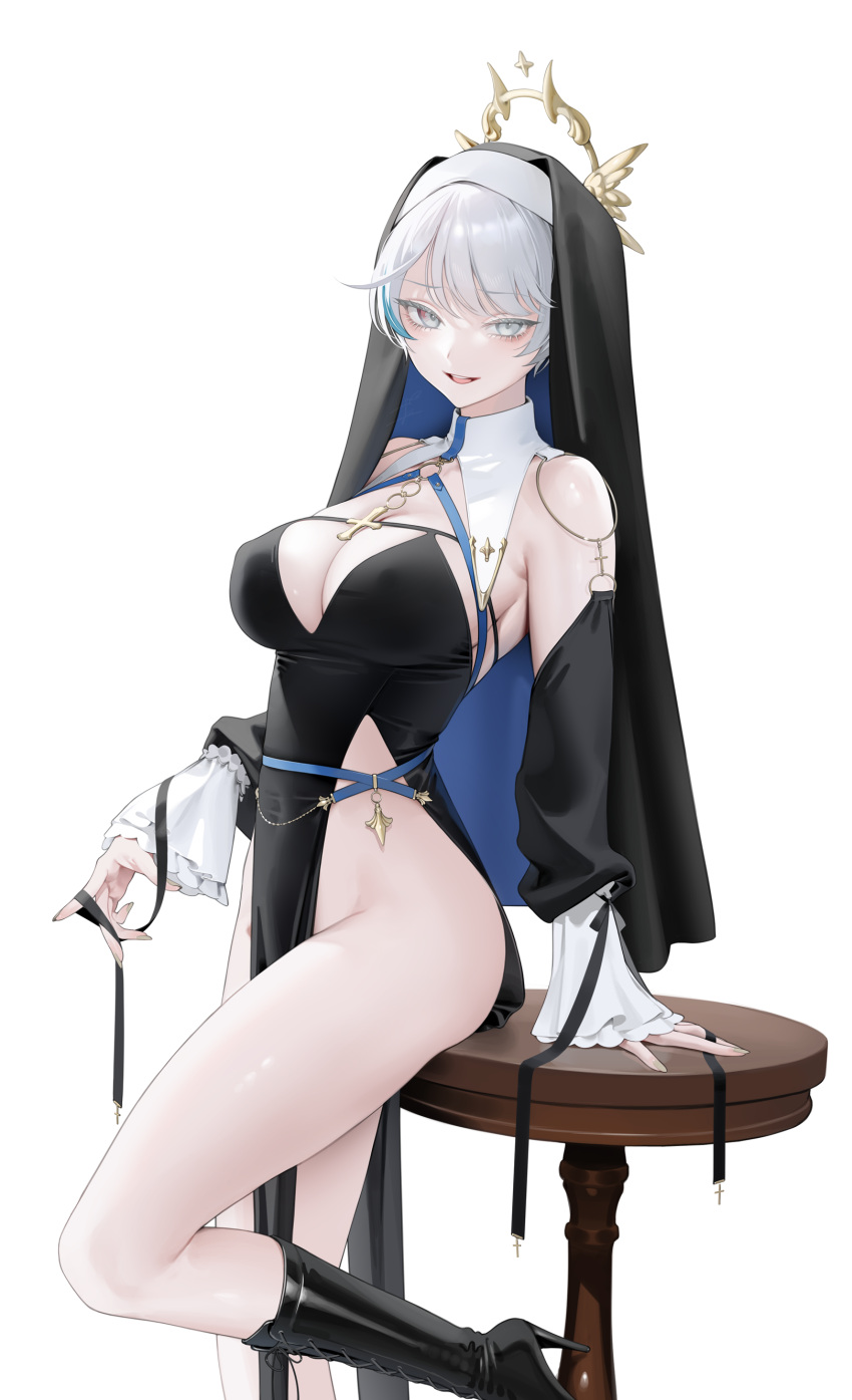 1girls arm_support cleavage coif female habit high_heels highres large_breasts light-skinned_female long_nails looking_at_viewer no_bra no_panties nun nun's_habit ohisashiburi original original_character pelvic_curtain revealing_clothes short_hair teasing_viewer tomboy veil white_background white_hair