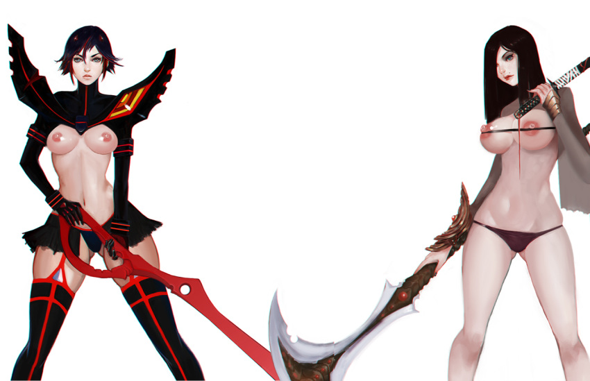 2girls beauty_mark black_hair blue_eyes boots botslim breasts brown_hair female female_only garter_straps gloves hair_over_one_eye highres hourglass_figure kill_la_kill large_breasts long_hair looking_at_viewer matoi_ryuuko medium_breasts mole multiple_girls navel nipples panties scissor_blade scythe senketsu short_hair skirt standing thigh_boots weapon