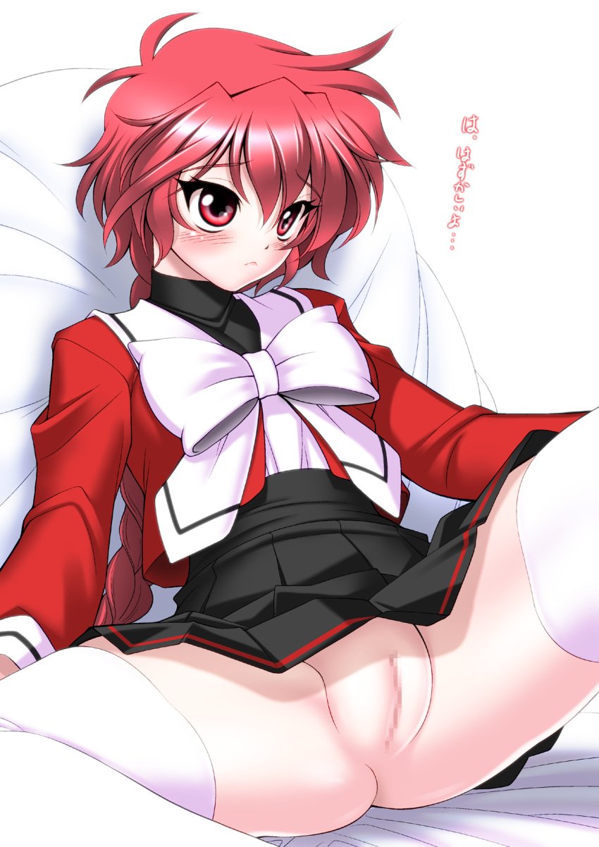 1girls 2014 blush braid breasts censored clothing curvaceous embarrassed female highres hikaru_shidou human large_breasts legs long_hair looking_away magic_knight_rayearth mosaic_censoring no_panties pale-skinned_female pillow presenting pussy red_eyes red_hair sakura_ryuuken school_uniform short_hair simple_background sitting skirt solo spread_legs stockings thick_thighs thighs tied_hair translation_request white_background white_legwear wide_hips