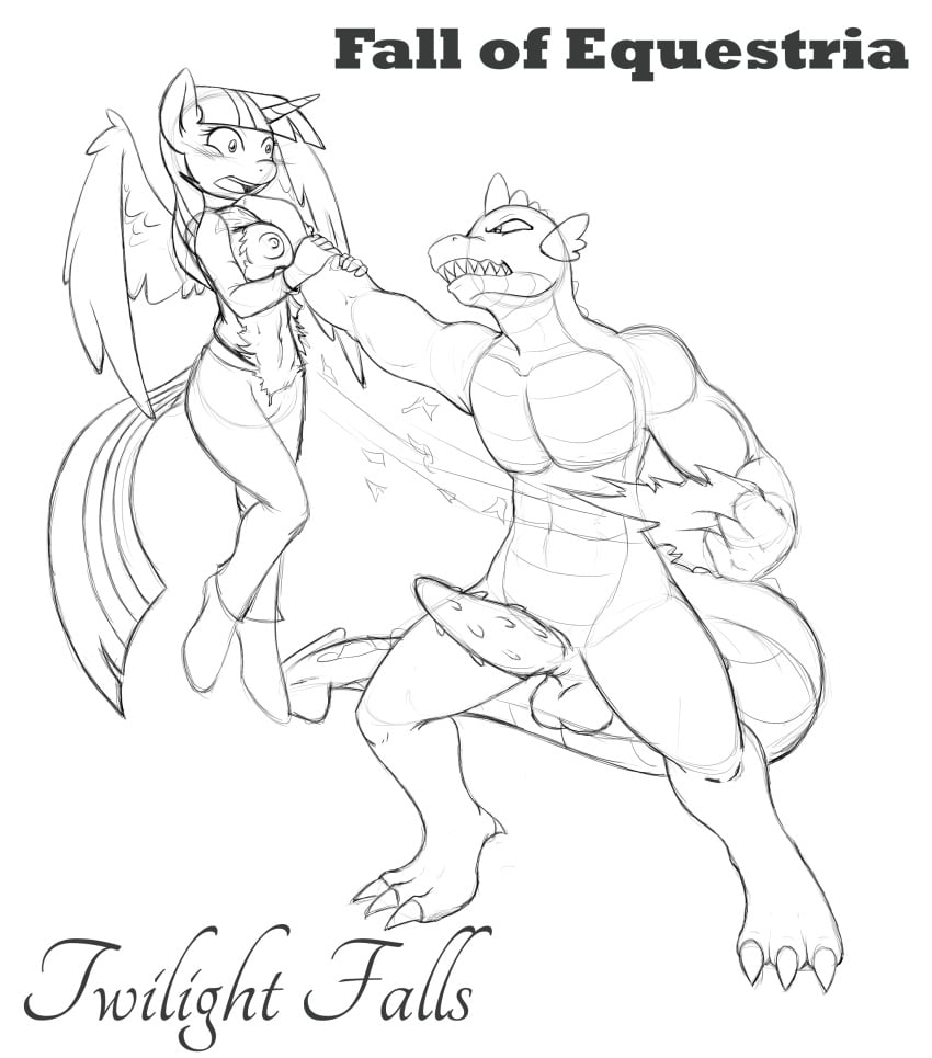 abs anthro anthrofied areola balls blush breasts clothed clothes domination dragon duo english_text equine erection fall_of_equestria female friendship_is_magic half-closed_eyes horn horse imminent_rape male mammal monochrome my_little_pony navel nipples nude open_mouth penis plain_background pony poprocks scalie sharp_teeth smooth_skin spike_(mlp) straight teeth text tongue torn_clothes twilight_sparkle_(mlp) white_background wings