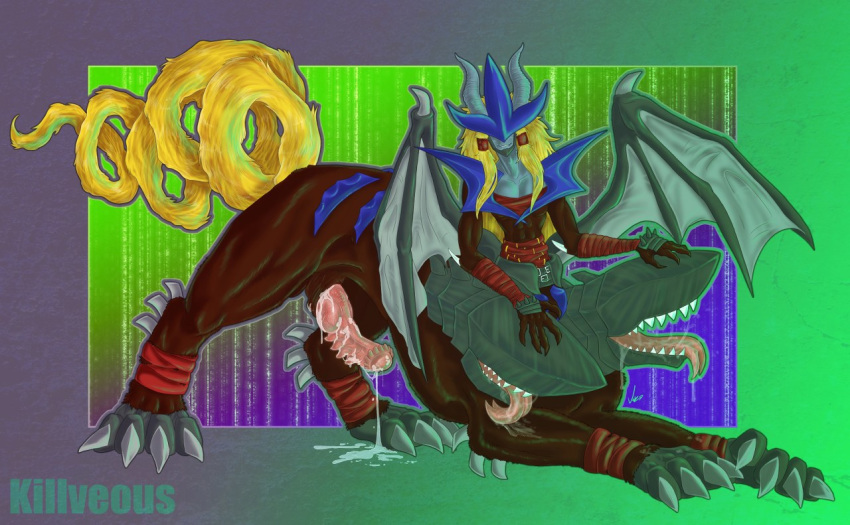 1boy anthro bat_wings belt blonde_hair claws clothed clothing cum cum_on_penis digimon drooling erection fangs feral fluffy fluffy_tail fur grandracmon hair horn humanoid killveous long_hair looking_at_viewer male male_only mammal mask multi_head muscles obstructed_eyes open_mouth penis saliva sheath smile solo taur teeth toe_claws tongue tongue_out vampire wings