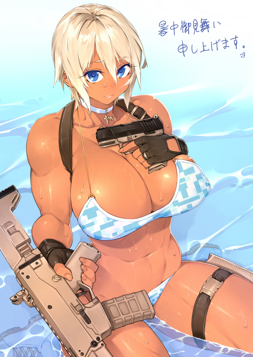 1girls abs assault_rifle bikini blonde_hair blue_eyes breasts choker cleavage dark-skinned_female female gun large_breasts muscular_female navel original partially_submerged sela_(sela_god) sela_god short_hair sitting solo sweat trigger_discipline weapon wedding_ring