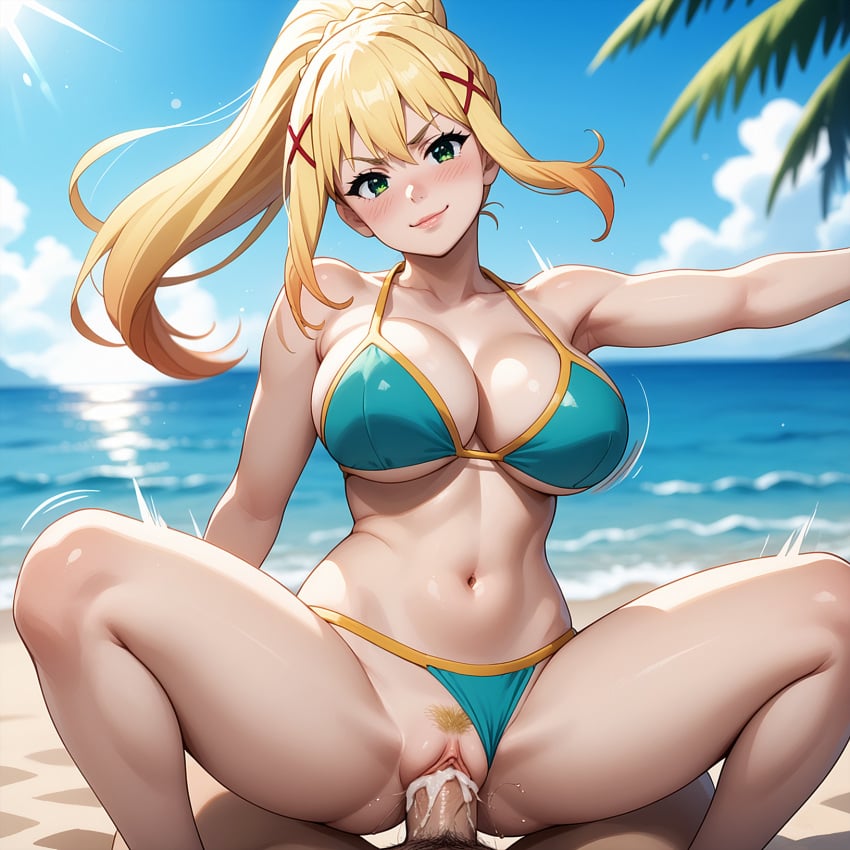 ai_generated beach bikini cleavage cum_in_pussy darkness_(konosuba) kono_subarashii_sekai_ni_shukufuku_wo! large_breasts payop pony_diffusion_xl ponytail pov smile vaginal_sex