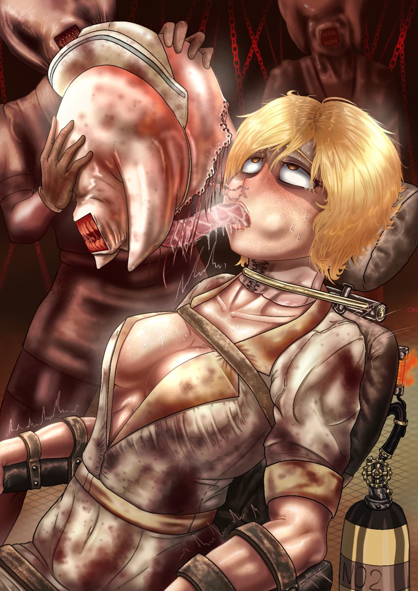 2d 2d_(artwork) aged_up ahe_gao big_breasts blonde_hair blood blood_splatter blood_stain bondage brainwashing breasts brown_eyes bubble_head_nurse cheryl_mason cleavage corruption dildo_in_mouth dirty excessive_saliva eyes_rolling_back fear female female_focus forced forced_transformation freckles heather_mason horror horror_(theme) identity_death light_skin mask medical mind_break mind_control monster monster_girl mouth_bulge mr.bones22 multiple_girls nostril_penetration nurse nurse_(silent_hill) nurse_cap nurse_hat nurse_uniform open_mouth parasite pleasure_face pre-transformation restrained restraints saliva saliva_trail silent_hill silent_hill_2 silent_hill_3 skirt slave submissive_female sucking_tentacle sweat tentacle tentacle_in_mouth transformation