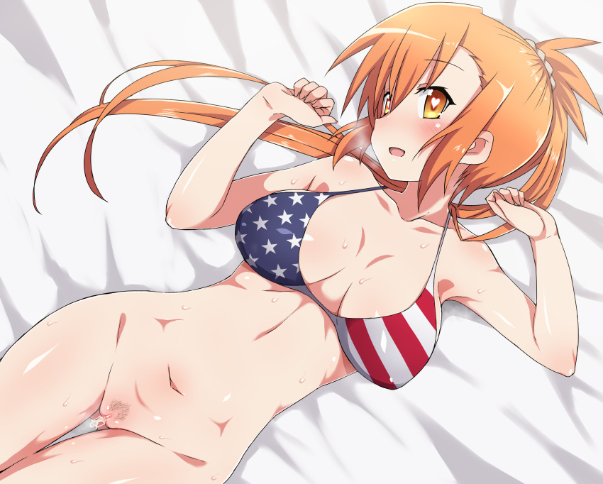 1girls absurdres american_flag american_flag_bikini arms_up bikini blonde_hair blush bottomless breasts breath female flag_print heart heart-shaped_pupils highres kita_hiroyume kurama-chan_ni_guitte_shitara_pisha_tte_sareta long_hair lying navel nipples nude on_back open_mouth orange_eyes orange_hair pic_k ponytail pubic_hair pussy pussy_juice smile solo sweat swimsuit symbol-shaped_pupils tied_hair