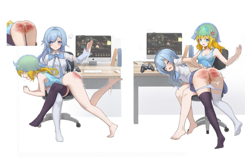 2girls absurdres anger_vein anus aqua_eyes ass attack_of_the_hatogod black_thighhighs blonde_hair blue_eyes blue_hair blue_ribbon breasts clothes_lift computer_keyboard controller covered_nipples detached_sleeves feet game_controller gamepad hand_up highres long_hair medium_breasts medium_hair monitor multiple_girls on_chair one_eye_closed original over_the_knee panties panty_pull pussy ribbon role_reversal skirt skirt_lift spanked spanking tears thighhighs toenails underwear white_thighhighs