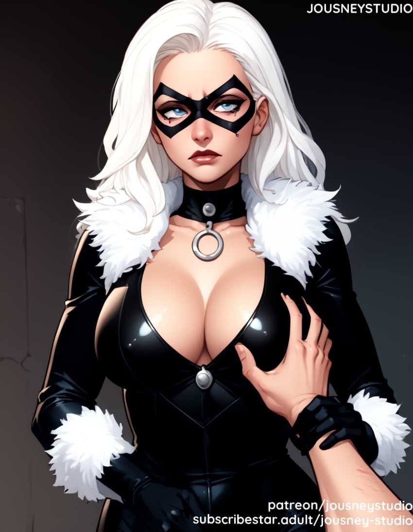 1boy ai_generated bangs black_bodysuit black_cat black_cat_(marvel) black_cat_(series) black_gloves blue_eyes blush bodysuit breast_grab breasts cleavage closed_mouth clothing collar domino_mask felicia_hardy female female fur_collar fur_trim gloves grabbing groping guided_breast_grab guiding_hand jacket jousneystudio large_breasts lips long_hair long_sleeves looking_at_viewer looking_away makeup male marvel marvel_cinematic_universe marvel_comics mask mole mole_under_eye parted_lips pov_hands red_lips solo_focus straight superhero superheroine text upper_body white_hair