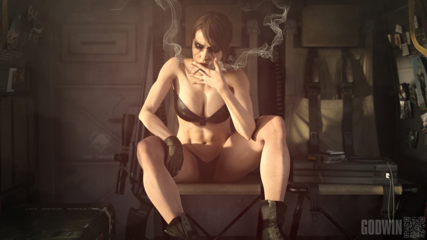 1girls 3d abs annoyed bikini boots bra brown_hair calves cigarette cleavage clothed female female female_focus female_only fit_female gloves godwin gun helicopter knees kojima_productions konami light_skin looking_at_viewer metal_gear_solid metal_gear_solid_v neroxliv panties ponytail quiet_(metal_gear) sfw sitting smoking smoking_cigarette tagme