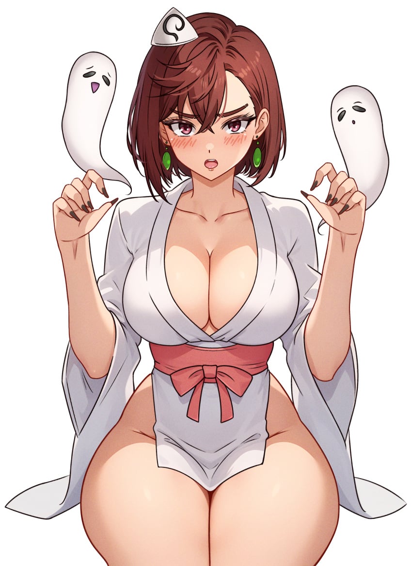 1girls ayase_momo big_breasts blush blushing blushing_at_viewer breasts cetta_(cettadvd) curvaceous curvy curvy_female dandadan earrings female female_focus female_only gyaru hi_res highres huge_breasts large_breasts light-skinned_female light_skin long_fingernails looking_at_viewer no_panties shrine_maiden slim_waist solo solo_female solo_focus thick_thighs thighs wide_hips