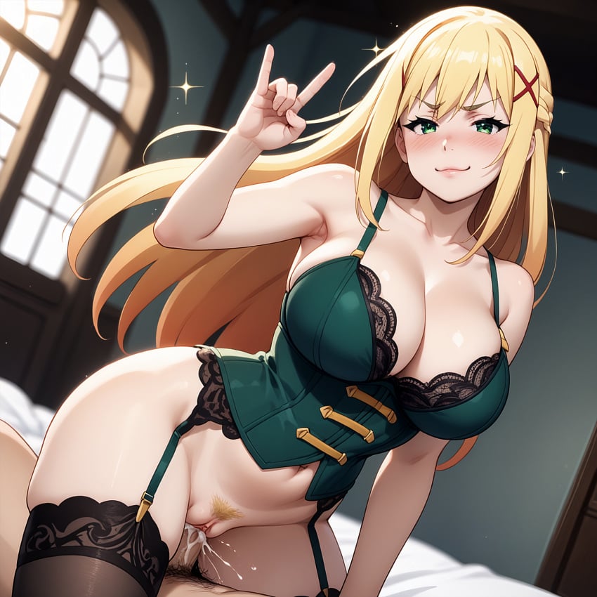 ai_generated cleavage corset cowgirl_position cum_in_pussy darkness_(konosuba) gesture kono_subarashii_sekai_ni_shukufuku_wo! large_breasts lingerie payop pony_diffusion_xl stockings vaginal_sex