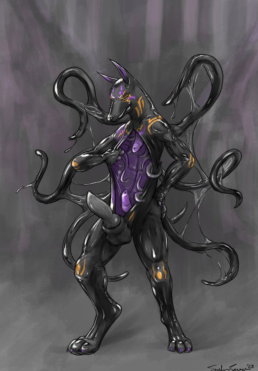 2023 4_toes abrax_(mangocurl) animal_genitalia animal_penis animate_inanimate anthro athletic athletic_anthro athletic_male balls big_penis black_body black_nose bodysuit built_in_sex_toy canid canine canine_genitalia canine_penis canis claws clothing cock_gag digitigrade dildo dripping erection feet fingers gag genitals glistening glistening_body grey_background grey_penis hand_on_hip hi_res hollow_body internal_tentacles inviting jackal knot latex latex_body latex_bodysuit latex_clothing latex_creature latex_skinsuit latex_tentacles liquid_latex living_clothing living_latex male mammal markings nude open_body open_bodysuit orange_markings paws penis purple_claws purple_insides sex_toy shaded signature simple_background skinsuit smaller_version_at_source smile snickersthecat solo standing tail tentacle tentacle_gag textured_background tight_clothing toe_claws toes unusual_anatomy yellow_markings