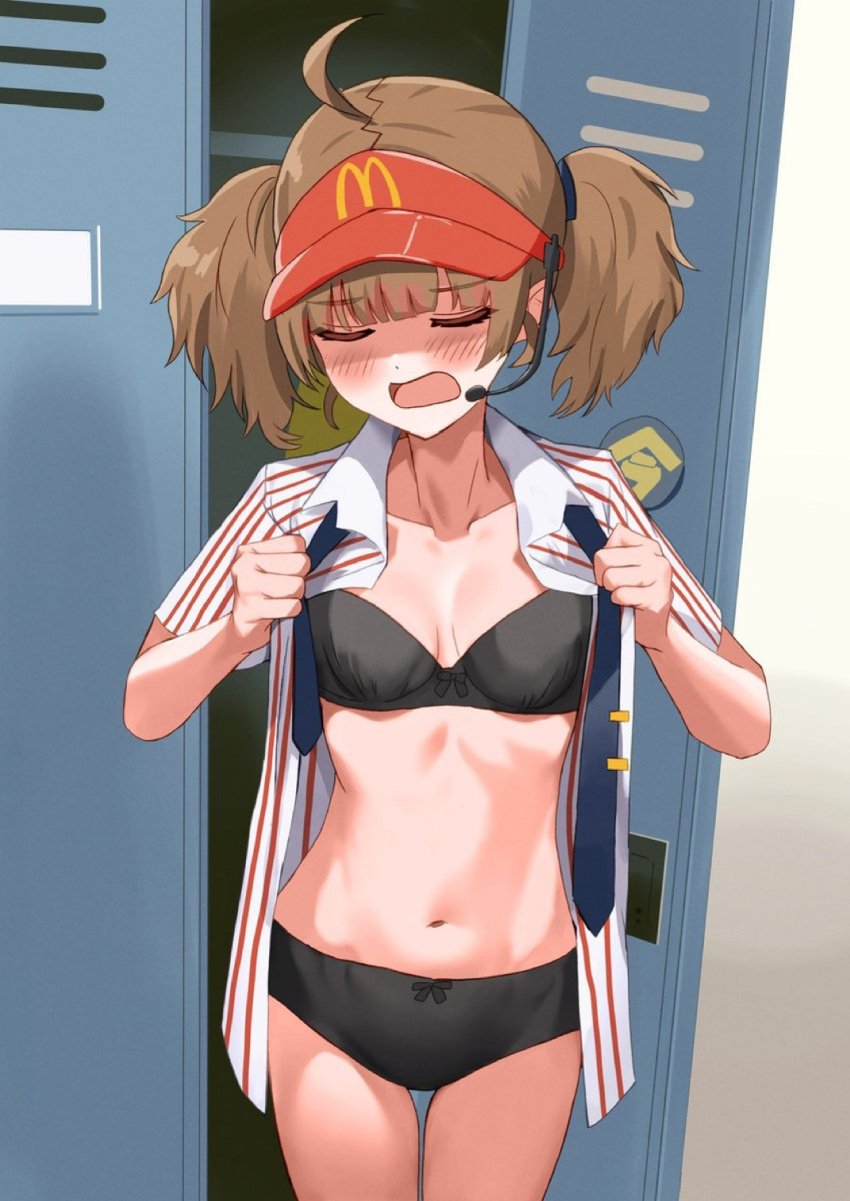 1girl ahoge anime black_bra black_panties black_underwear blush blushing bra breasts brown_hair double_cheese_(mcdonald's) employee_uniform girl mcdonald's panties pigtails solo uniform